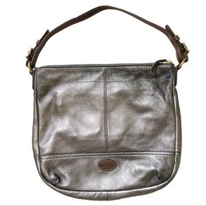 Fossil Hobo Metallic Pewter Leather Shoulder Hobo Bag